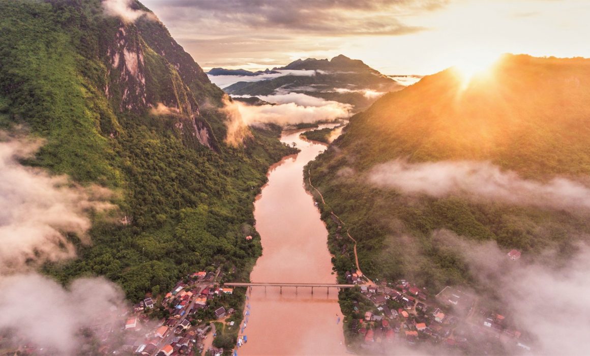 Mekong River and misty mountains of Laos