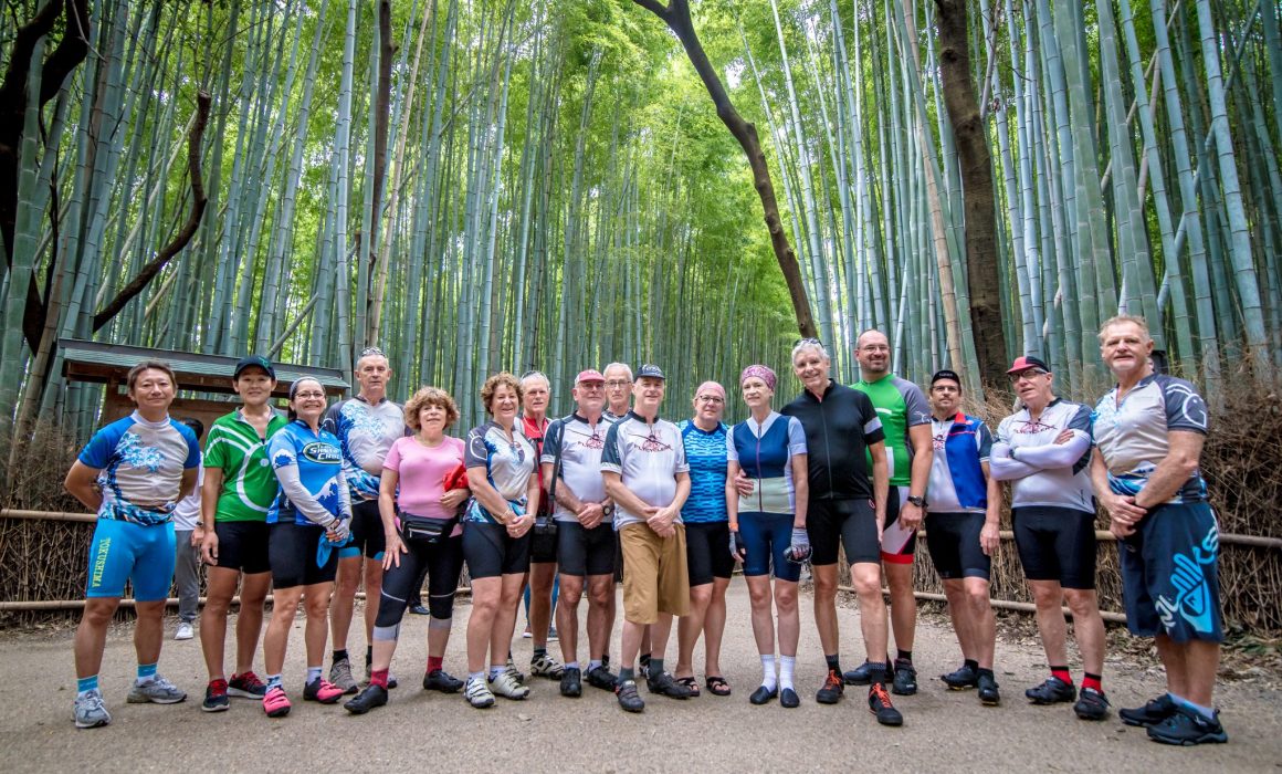 Group of cyclists in bamboo forest in Japan