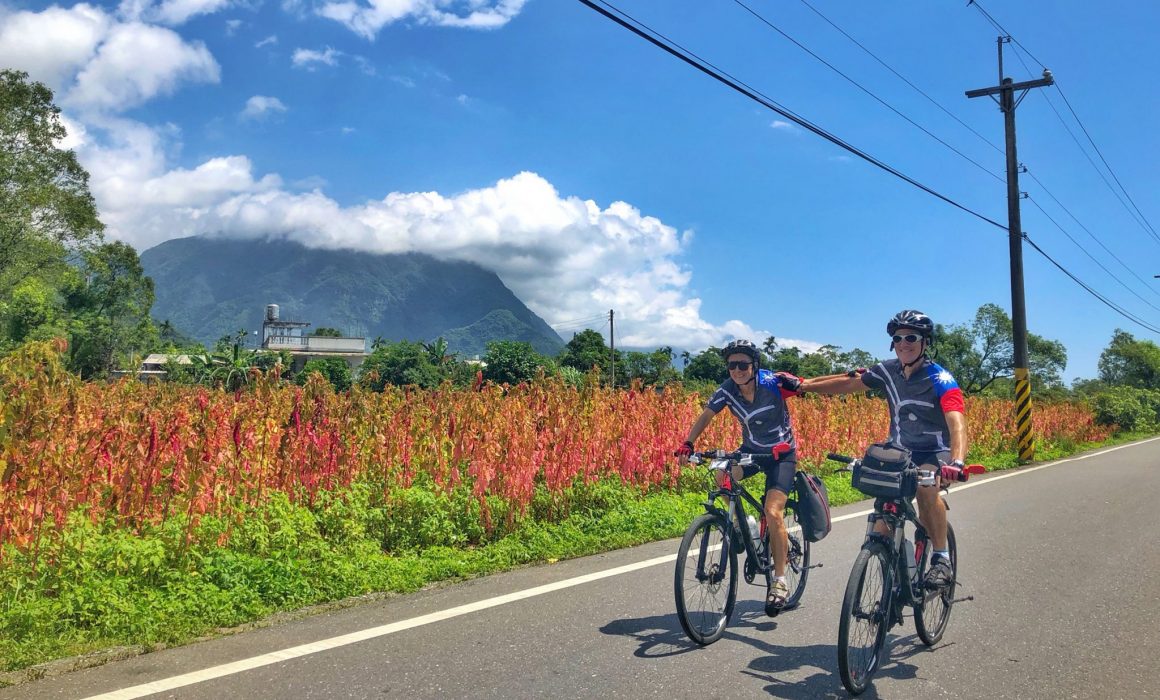 Cyclists in Grasshopper Adventures Taiwan cycling jerseys holding each others' shoulders next to flowers and mountain in distance